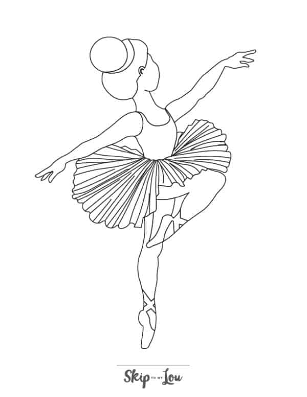 Ballerina with a tutu dress and ballerina shoes dancing coloring page from Skip to my Lou