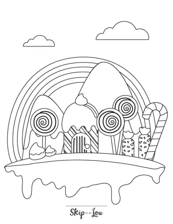 A melted-off candy world with popsicles and candy mountains coloring page from Skip to my Lou