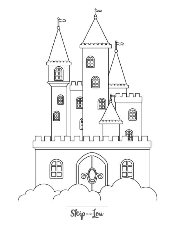 Castle with different levels and towers and three flags waving coloring page from Skip to my Lou