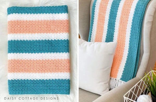 Two pictures of a white, pink and blue crochet blanket.