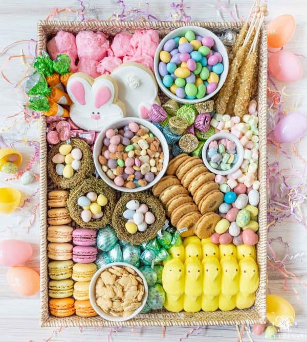 A pastel board from Kelleyann with cotton candy, cookies, rock candy, peeps, and more.