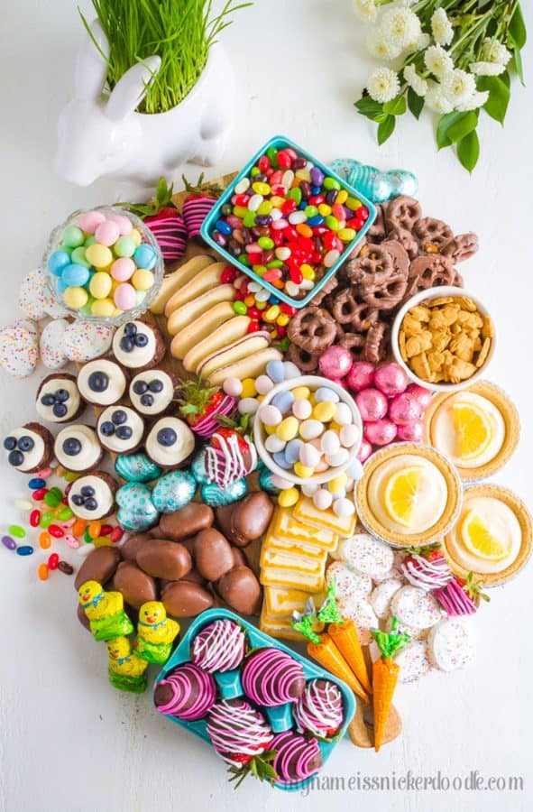 This Easter candy charcuterie board idea from my name is snickerdoodle includes many options like chocolate strawberries, and peanut butter eggs. 