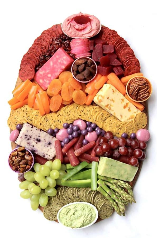An Easter egg shaped Easter charcuterie board idea from the bakermama