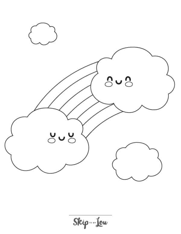 black and white easy coloring page of a rainbow and clouds