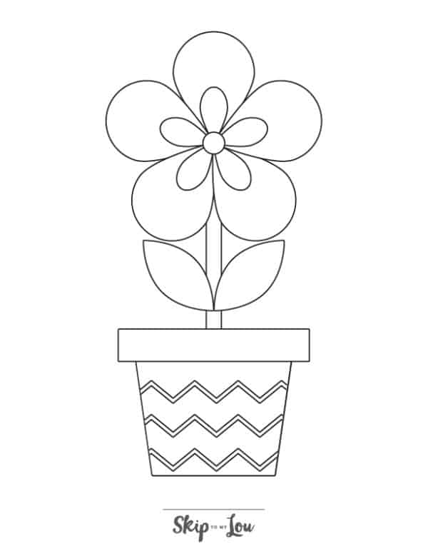 black and white easy coloring page of a flower in a pot
