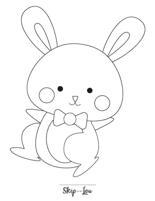 black and white easy coloring page of a bunny with a bowtie