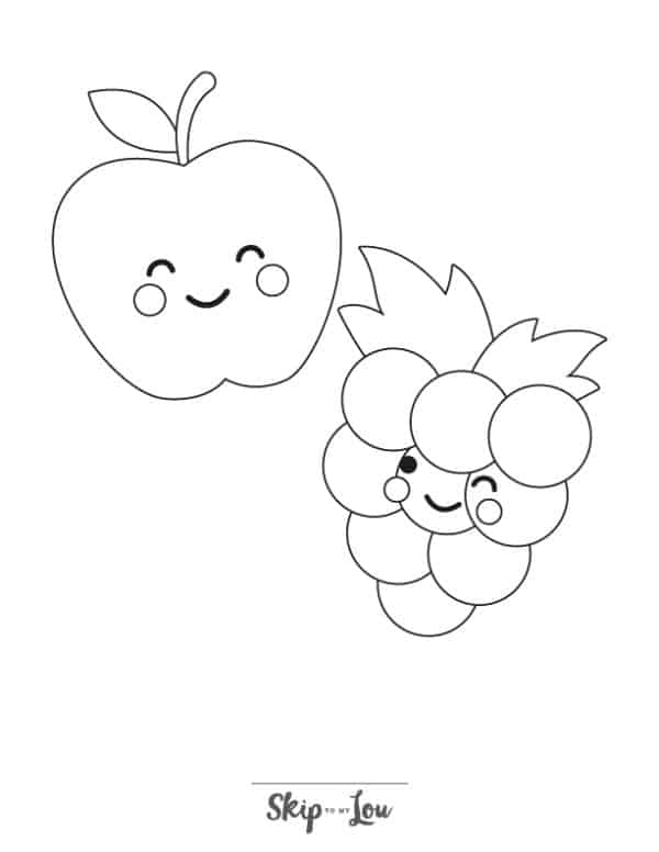 black and white easy coloring page of an apple and grapes