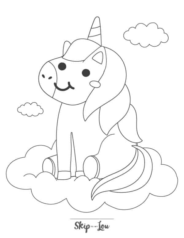 Baby unicorn sitting on a cloud coloring page. from Skip to my Lou
