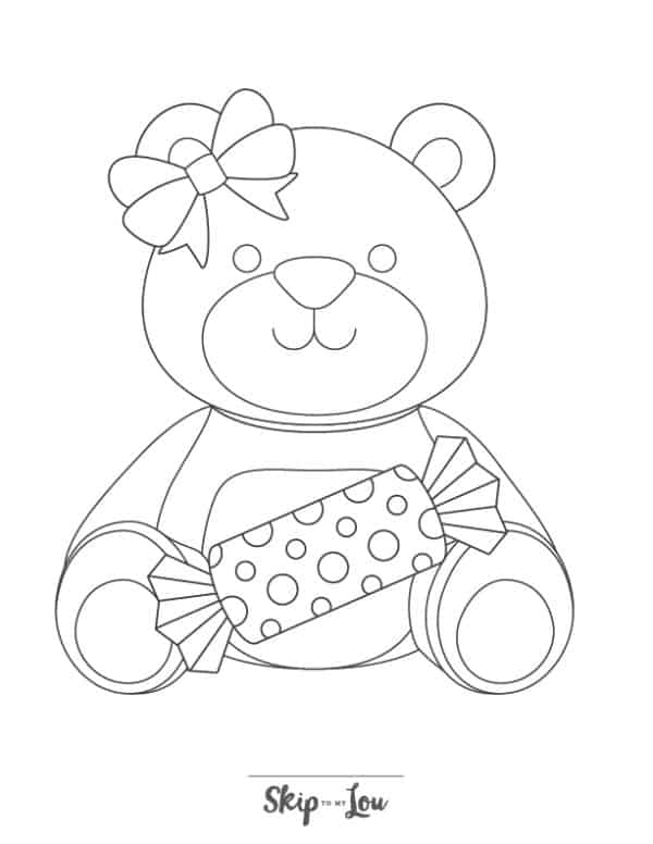 Teddy bear holding a present wearing a bow on his head coloring page from skip to my lou.