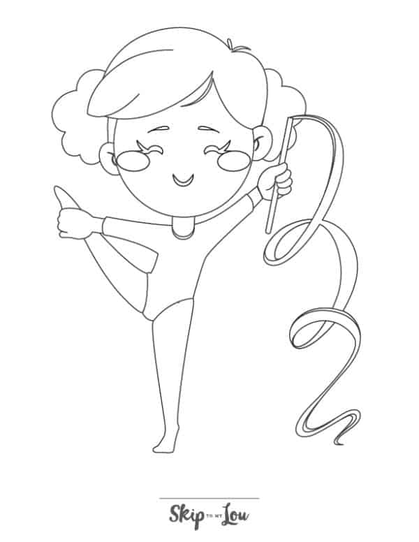 Girl dancing / doing gymnastics with a ribbon coloring page from skip to my lou