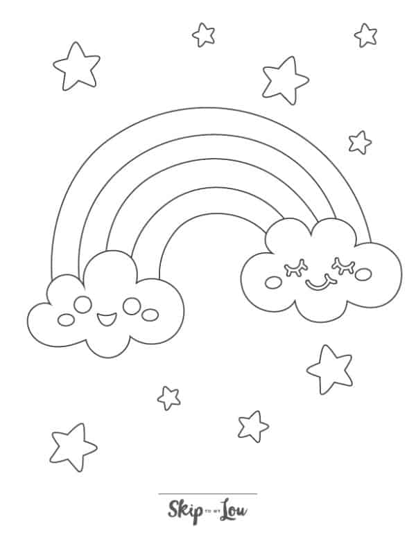Rainbow between sleepy clouds surrounded by stars coloring page from Skip to my lou.
