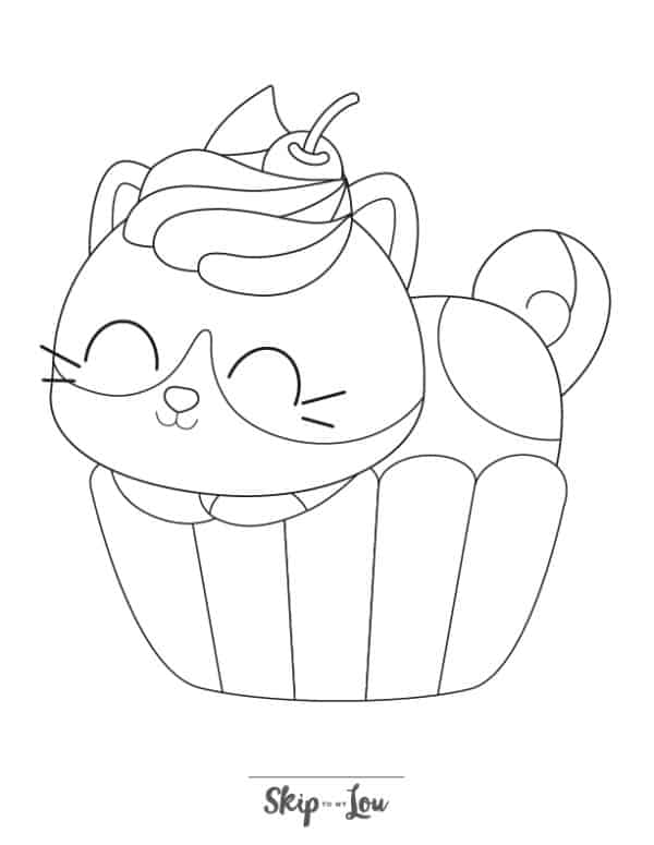 Cat shaped like a cupcake smiling coloring page from Skip to my lou