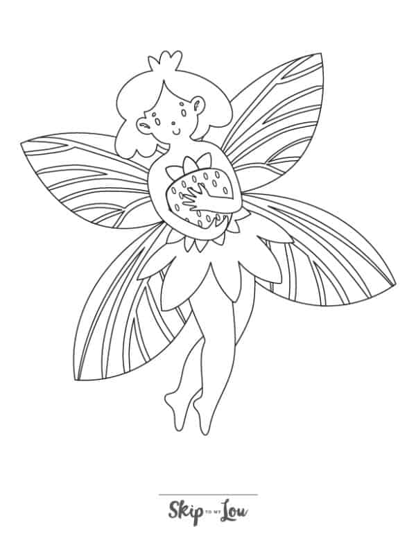 Pixie / fairy holding a strawberry coloring page from skip to my lou