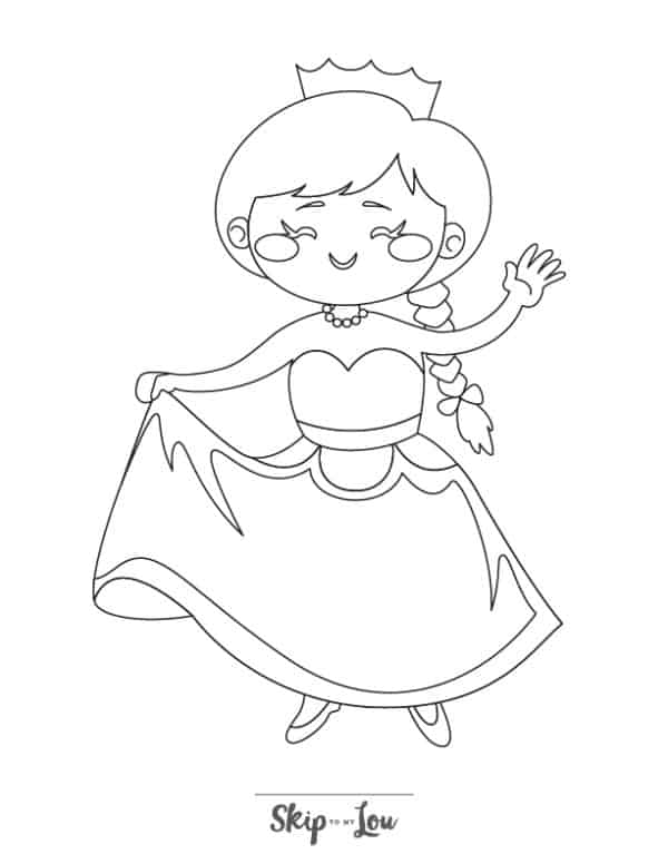 Princess saluting and holding her dress coloring page from Skip to my lou