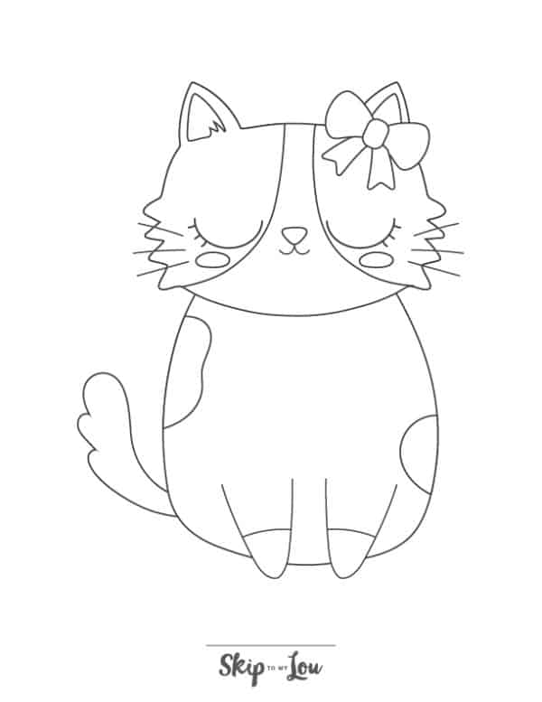 Cat wearing a bow on her ear coloring page from Skip to my lou