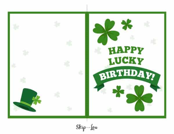 "Happy lucky birthday" in bold green letters with shamrock icons and an Irish top hat for a birthday card. via Skip to my lou