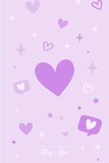 Purple heart wallpaper with sparkles and icons in purple hues. For iphones, android and smartphones. From skip to my lou