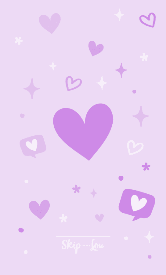 Purple heart wallpaper with sparkles and icons in purple hues. For iphones, android and smartphones. From skip to my lou 