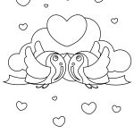 Two lovebirds touching their beaks as in a kiss flying in front of clouds with hearts in the background coloring page from Skip to my Lou.