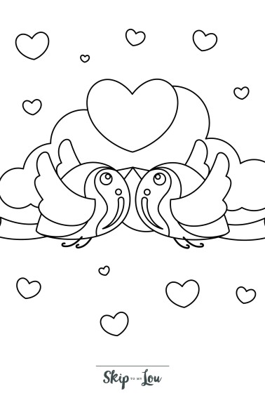 Two lovebirds touching their beaks as in a kiss flying in front of clouds with hearts in the background coloring page from Skip to my Lou.