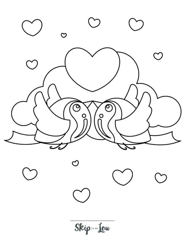 Two lovebirds touching their beaks as in a kiss flying in front of clouds with hearts in the background coloring page from Skip to my Lou.