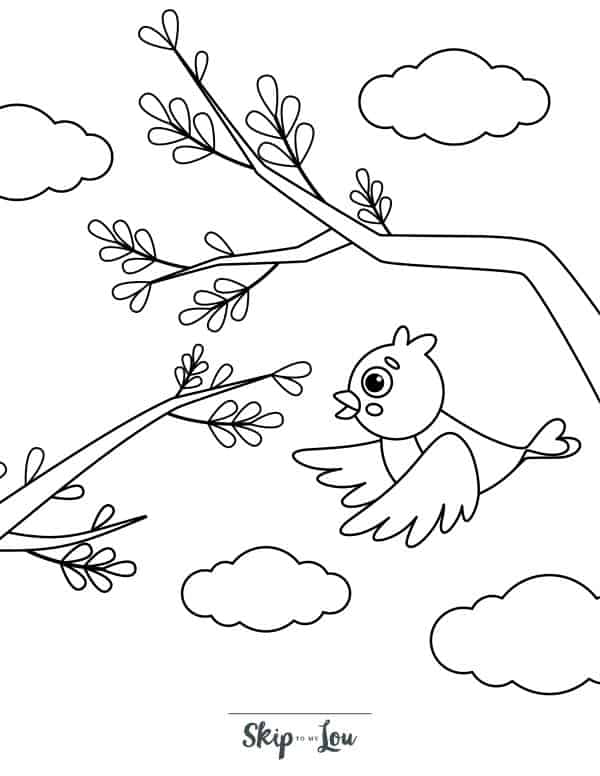 Bird flying in the sky with tree branches in the background coloring page from Skip to my Lou.