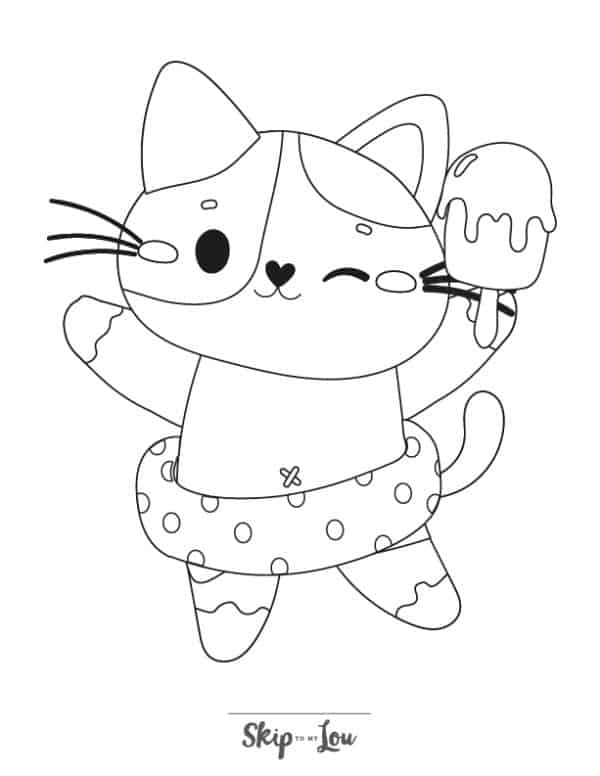 Kitten holding a melting popsicle while wearing a floaty coloring page from Skip to my lou