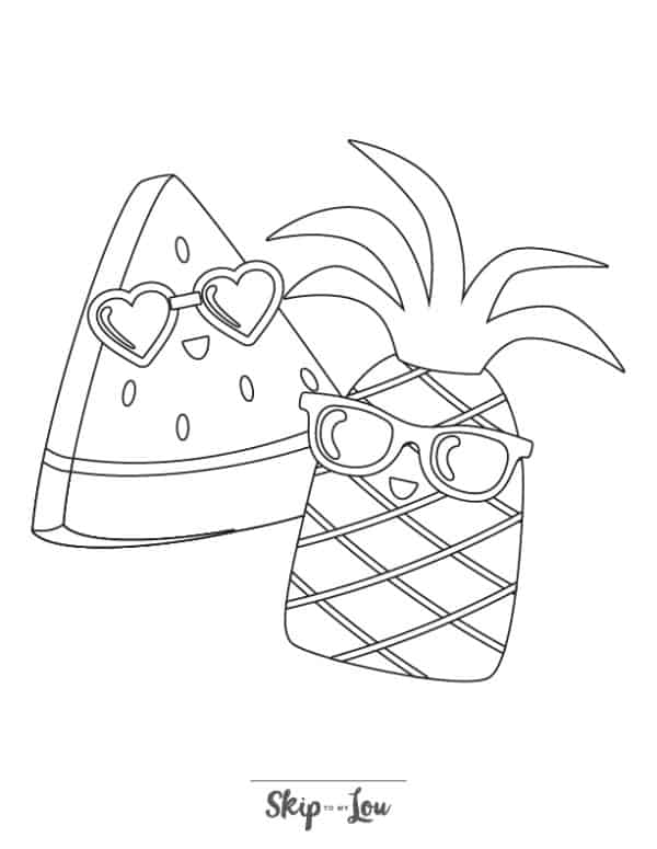  Pineapple and watermelon with sunglasses coloring page from skip to my lou