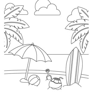 Beach, palm trees, beach balloon, umbrella and surf board around it coloring page from Skip to my lou