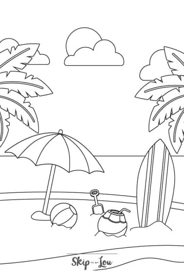 Beach, palm trees, beach balloon, umbrella and surf board around it coloring page from Skip to my lou