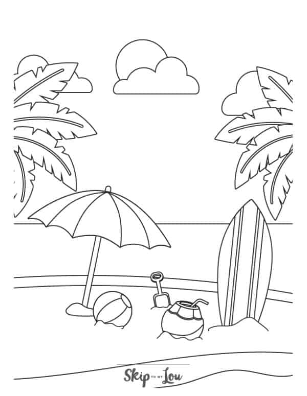 Beach, palm trees, beach balloon, umbrella and surf board around it coloring page from Skip to my lou