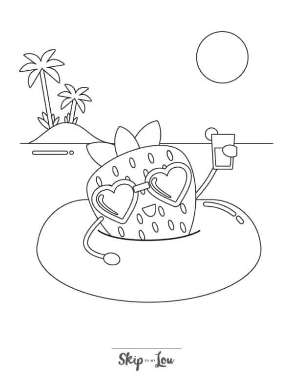 Strawberry with a happy face, wearing sunglasses and holding a drink. coloring page from Skip to my lou