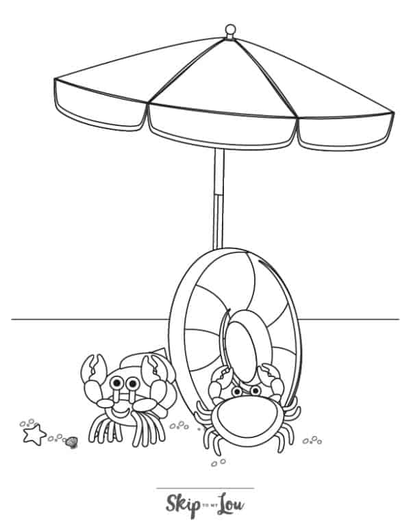 Crabs, a sun umbrella and a floaty on the beach coloring page from Skip to my lou