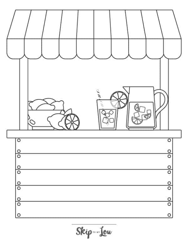 Lemonade stand with lemons and a fresh drink coloring page from Skip to my lou