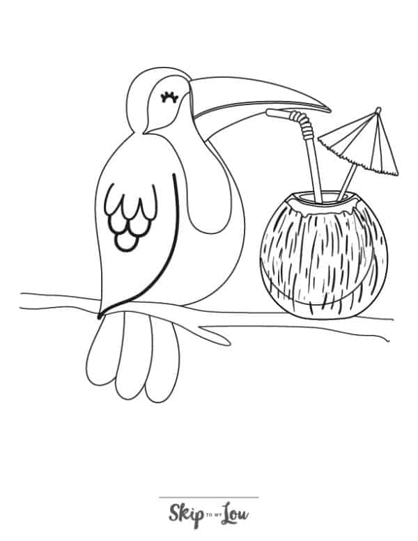 Parrot drinking from a coconut with a little umbrella and straw coloring page from Skip to my lou 