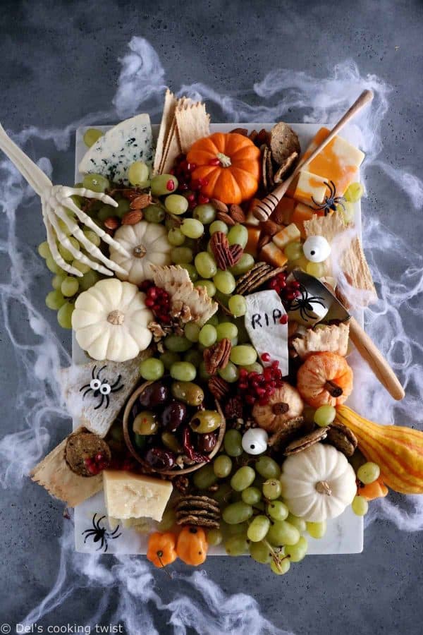 vegetarian charcuterie board ideas, dels cooking twist a halloween themed grazing board.