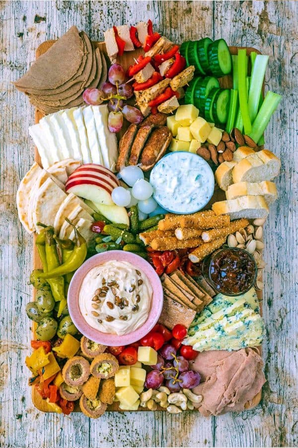 vegetarian charcuterie board ideas, fruits, veggies, dips, and more from Hungry Healthy Happy