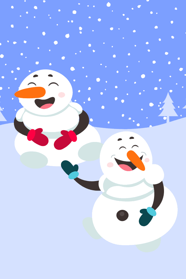 Image shows a drawing of two ice men laughing and snowflakes falling from the sky.
