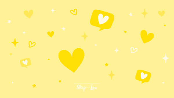 Yellow heart wallpaper with hearts in different sizes and sparkles, for computers. from skip to my lou