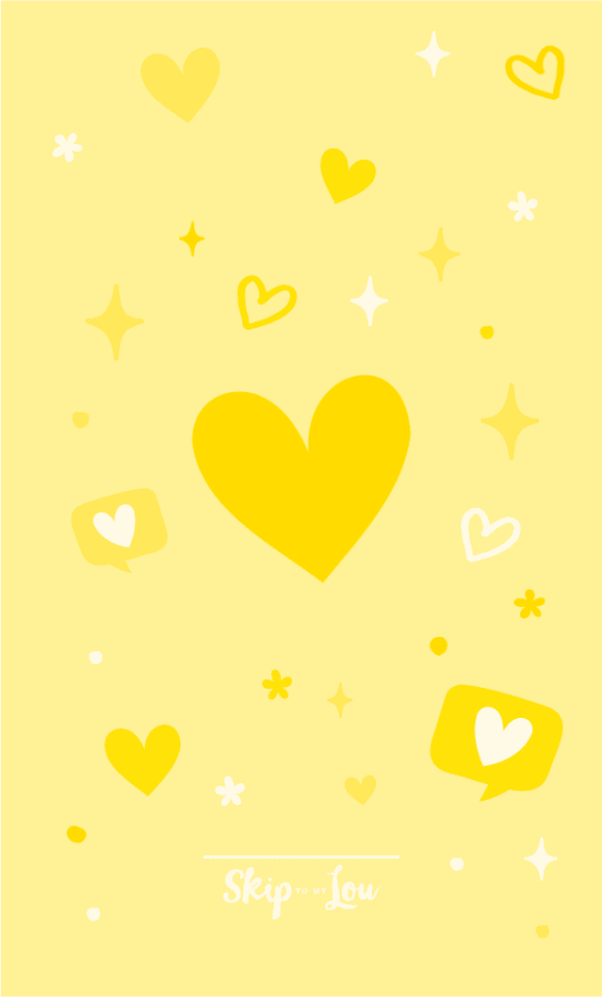 Yellow heart wallpaper with hearts in different sizes and sparkles, for mobile phones. from skip to my lou