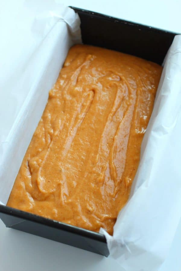 Gluten free pumpkin banana bread batter in loaf pan, by Skip to my Lou.