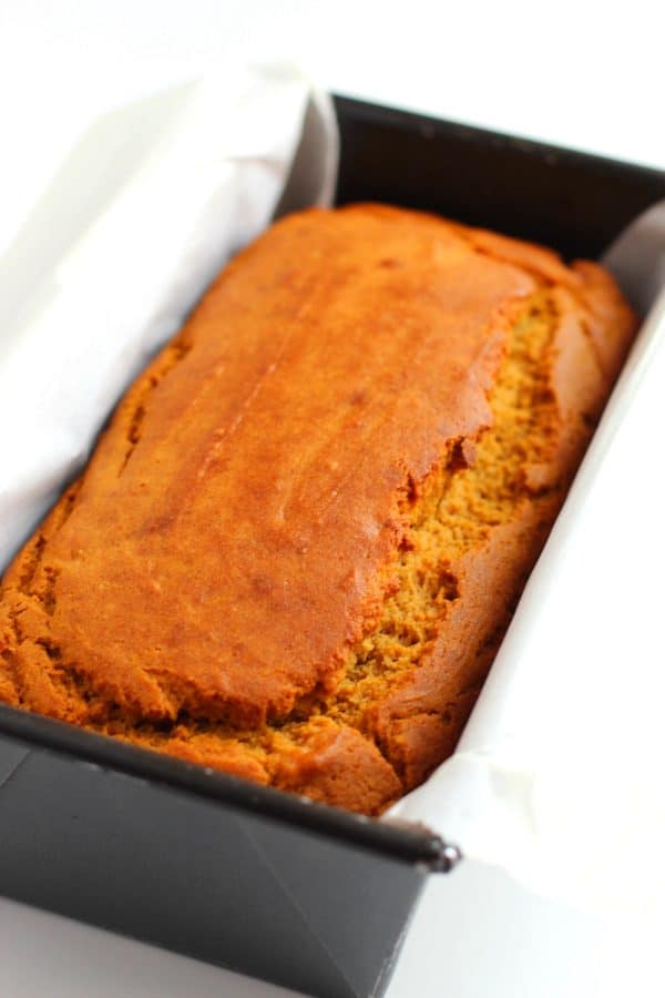 Gluten free pumpkin banana bread baked in a loaf pan, by Skip to my Lou.