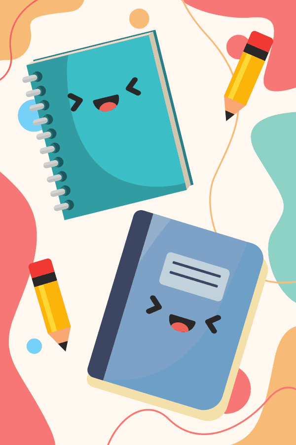 Drawings of notebooks with smiley faces on them and cute doodles around them.