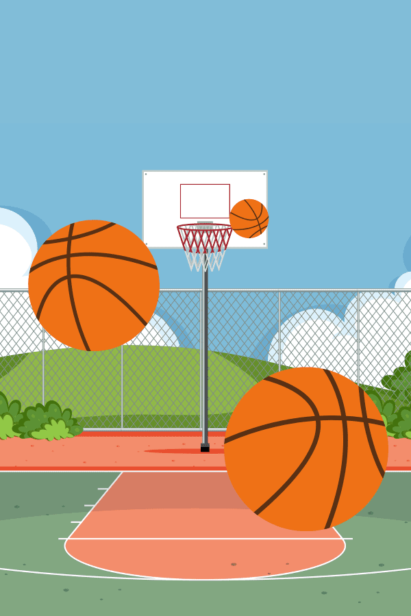Image shows an image of three basketballs in an outside basketball court next to a field.