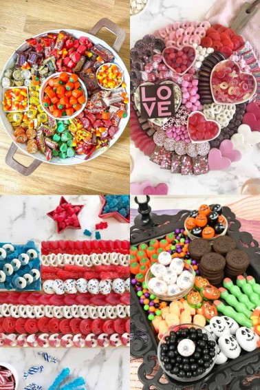 collage of candy charcuterie boards