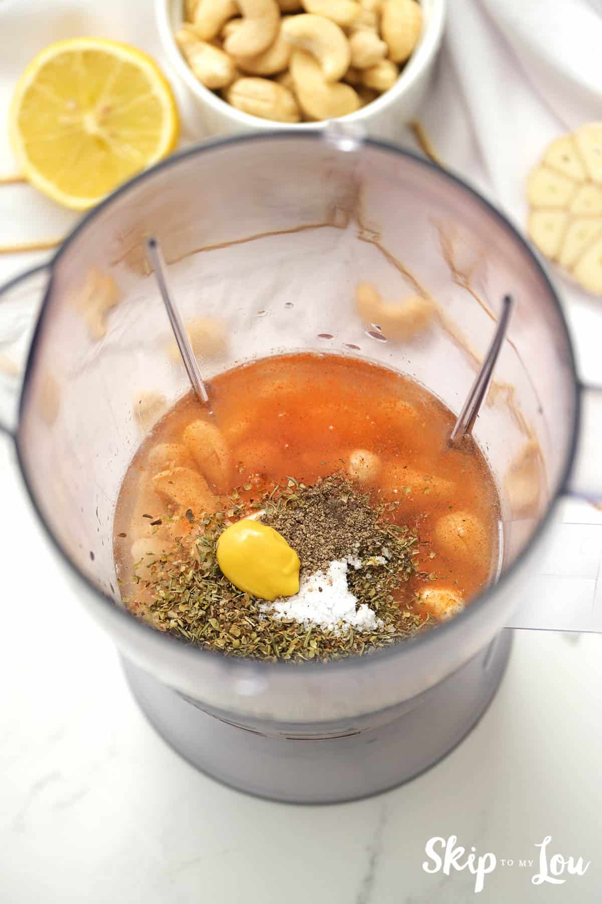 Ingredients for Dairy free Italian salad dressing in a blender, ready to be blended, by Skip to my Lou.
