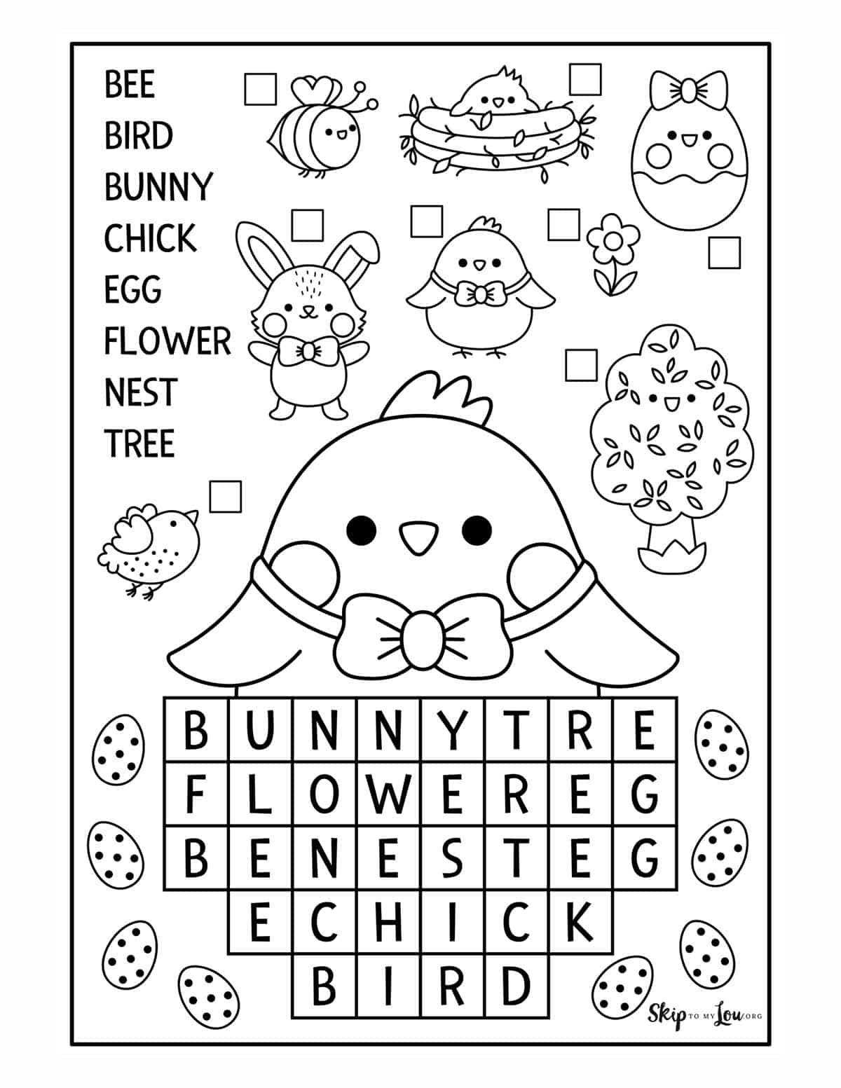 black and white easter word search with cute chick