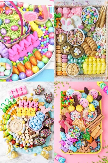 collage of Easter candy charcuterie boards