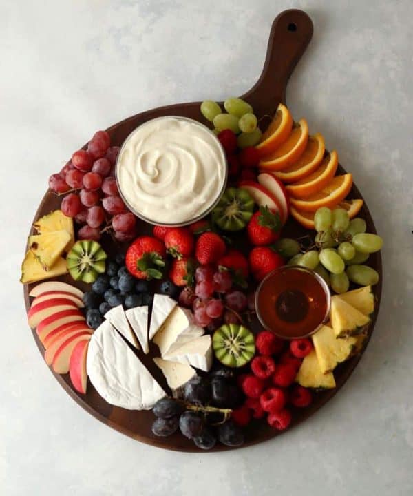 fruit charcuterie board ideas-kathleen cravings-board with a variety of fruits, and cheese