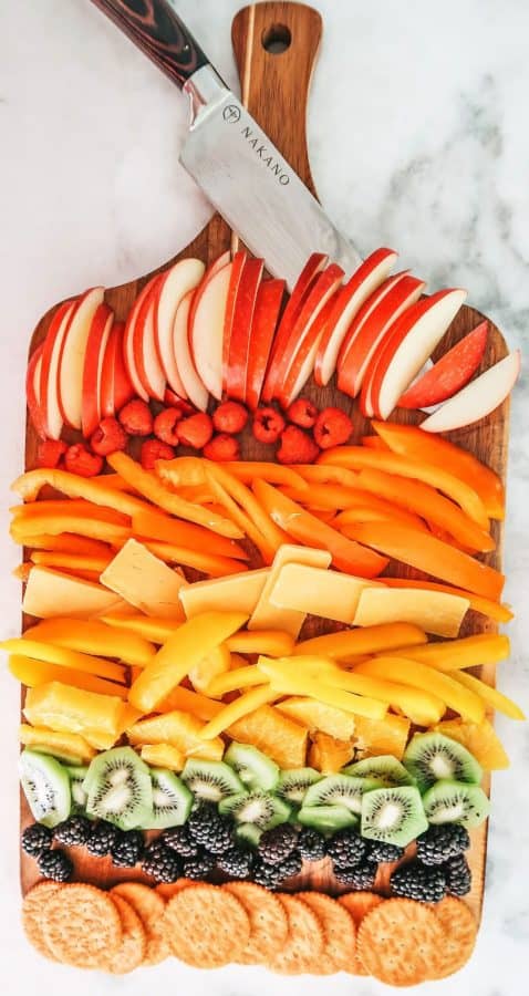 fruit charcuterie board ideas-the southernly magnolia-board with a variety of rainbow fruits and veggies.